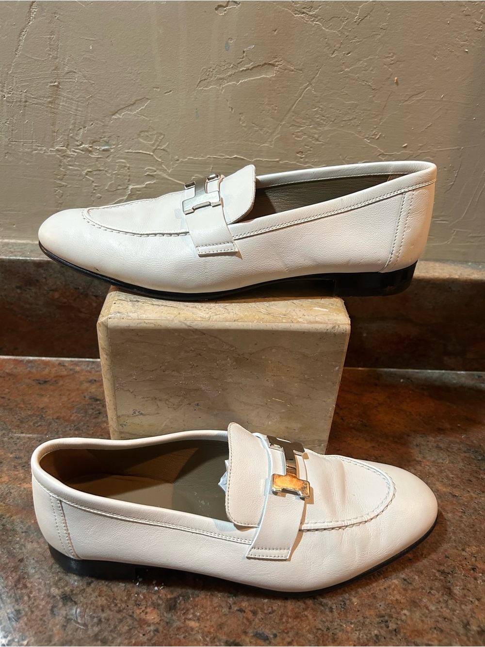 Hermes White Leather Loafers with Silver Bit Hardware